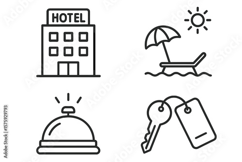 Hotel service icon set for travel and vacation. Line art symbols for web and mobile app. Resort, booking, reception bell, room key, beach holiday, relax concept vector.