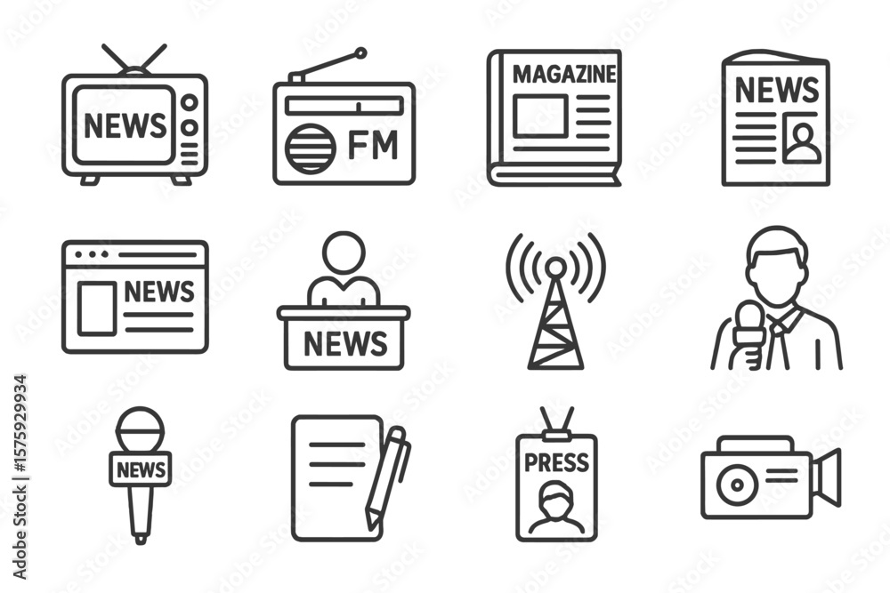 Mass Media News Icons Set. Linear Style Collection Featuring TV, Radio, Newspaper, Magazine, Broadcasting, Press, Interview, Journalism, Microphone, Reporter, Web News, Media