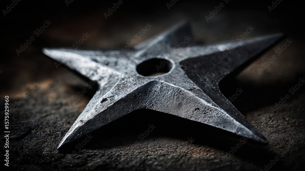 Naklejka premium Silent Shuriken: A forged star-shaped shuriken, a classic throwing weapon of stealth and precision, lies motionless, ready for its next mission. Its edges glinting with deadly purpose.