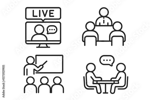 Business meeting and communication line icons set. Live webinar, online conference, team discussion, classroom training, interview, corporate presentation, teamwork, collaboration