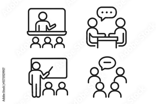 Business meeting, classroom training, online webinar, group discussion line icons set. Conference, interview, teamwork, education, communication, presentation, outline symbols