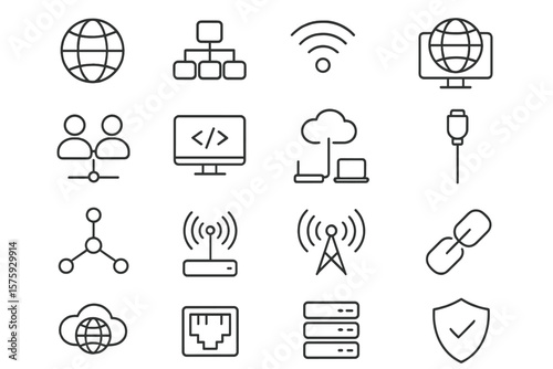 Linear Network and Internet Icon Set. Connection, Communication, Technology, IT, Router, Signal, Wireless, Cloud, Server, Security, Data, Ethernet, Web, Coding, People, Link, Shield, Node, Device