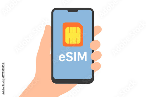 Hand Holding Smartphone with eSIM Chip Icon, Embedded SIM Technology Concept, Digital Mobile Communication, Modern Smart Device, Wireless Connectivity, Virtual SIM Card