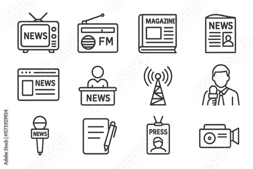 Mass Media News Icons Set. Linear Style Collection Featuring TV, Radio, Newspaper, Magazine, Broadcasting, Press, Interview, Journalism, Microphone, Reporter, Web News, Media