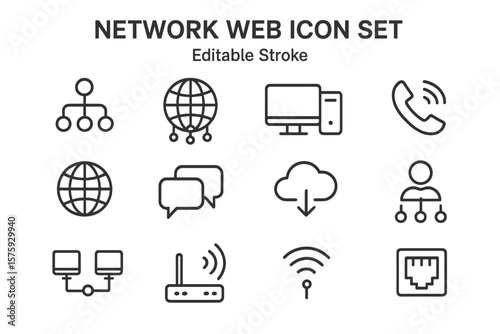 Network Web Icon Set Line Style. Technology Communication Connection Internet IT Router Signal Cloud Computer Wireless Ethernet Linear Icons Collection