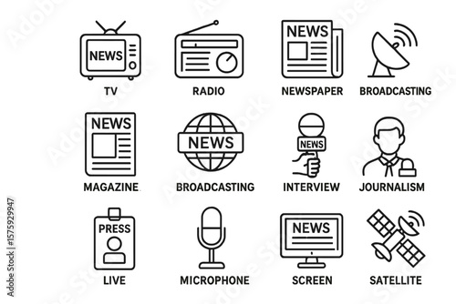 Mass Media News Icons Set. Linear Style Collection Featuring TV, Radio, Newspaper, Magazine, Broadcasting, Press, Interview, Journalism, Satellite, Microphone, Screen