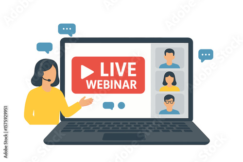 Live Webinar Online Training on Laptop, Video Conference, Distance Education, E-Learning Course, Digital Communication, Remote Learning, Virtual Meeting, Streaming Concept