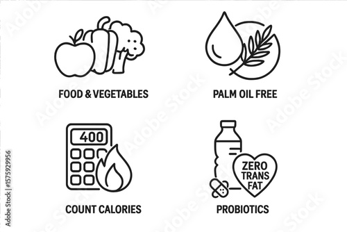 Healthy Food and Nutrition Icons Set. Line Style Vector Collection. Fruits, Vegetables, Palm Oil Free, Calorie Counting, Probiotics, Zero Trans Fat, Diet, Wellness, Nutrition Symbols