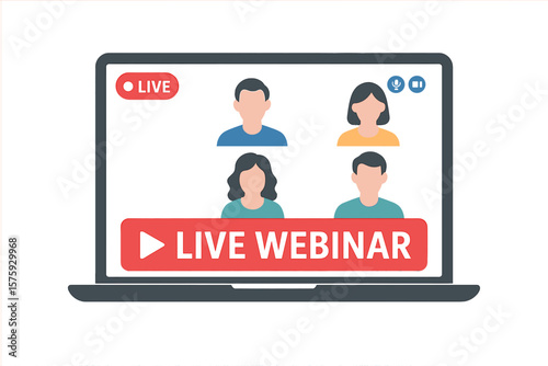 Live Webinar Online Video Conference on Laptop. Distance Education, Online Course Training, Digital Communication, Virtual Meeting, Streaming, Remote Learning Concept
