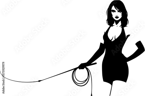 Young sexy woman standing with a whip. flat vector silhouette	
