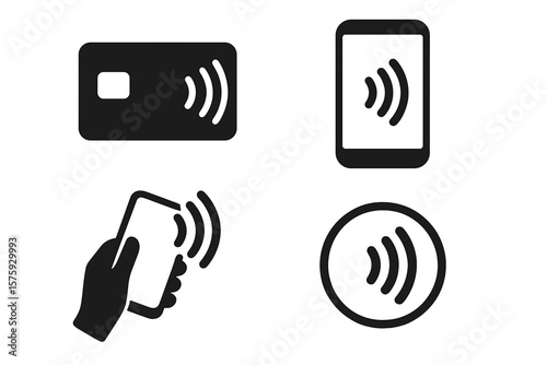 NFC wireless payment icons set. Contactless payment technology, tap to pay, NFC credit card, mobile phone payment, digital wallet, secure transaction, cashless commerce