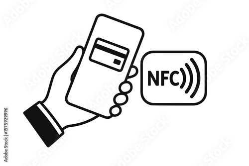 Contactless NFC Payment Technology Vector. Hand Holding Smartphone With Credit Card Icon. Wireless Mobile Payment, Near Field Communication, Secure Digital Transaction, Tap to Pay Symbol