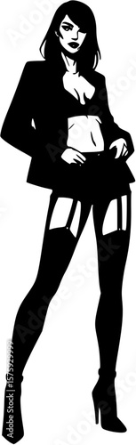 Young sexy woman standing with a whip. flat vector silhouette	

