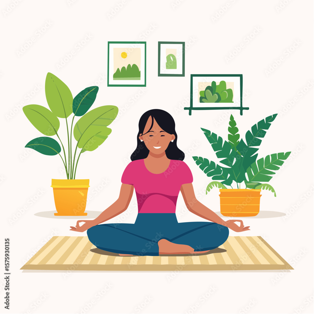 Fototapeta premium Smiling Woman Meditating in Serene Home Setting with Indoor Plants, Flat Design Illustration