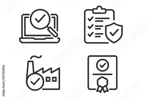 Quality Control and Assurance Icons Set. Line Style Web and App Symbols. Inspection, Evaluation, Production, Certification, Checklist, Factory, Compliance, Security, Verification