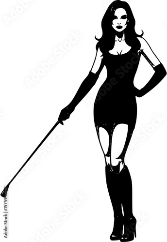 Young sexy woman standing with a whip. flat vector silhouette	
