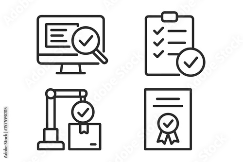 Quality Control and Assurance Icons Set. Inspection, Evaluation, Production, Certification. Linear Web and App Icons. Checklist, Audit, Manufacturing, Approval, Compliance, Verification