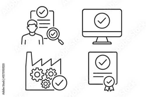 Quality Control and Assurance Line Icons Set. Inspection, Evaluation, Manufacturing, Certification, Compliance, Audit, Approved, Verified, Factory, Computer, Document, Checklist, Web, App