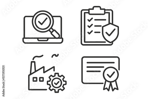 Quality Control and Assurance Line Icons Set: Inspection, Evaluation, Production, Certification, Checklist, Security, Factory, Compliance, Verification, Auditing, Web and Mobile App Design