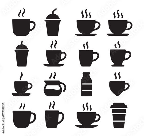Collection of various hot coffee and beverage icons representing different styles of cups and mugs isolated on white background.