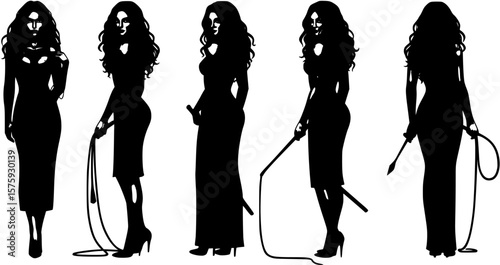 Young sexy woman standing with a whip. flat vector silhouette	
