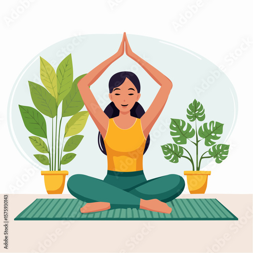 Serene Woman Practicing Yoga in Peaceful Home Setting with Lush Greenery.
