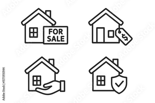 Real estate icons set. Linear web icons for realty, property sale, house purchase, home insurance, rental, mortgage, housing market, real estate transaction, property protection, investment, agency.
