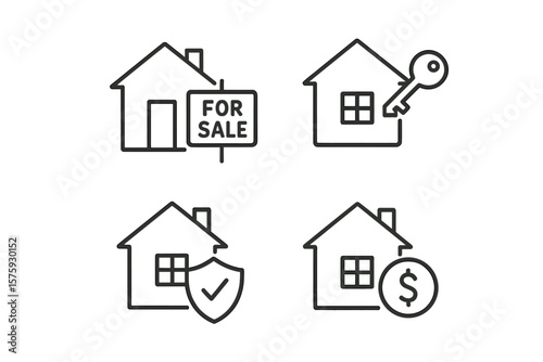 Real estate icons set. Line style vector icons for web and mobile app. House for sale, property purchase, home insurance, realty rent, mortgage, housing investment, real estate finance.