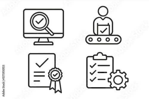 Quality Control Line Icons Set. Inspection, Evaluation, Production, Certification, Checklist, Process Management. Web, App, Mobile Interface. Quality Assurance, Manufacturing, Compliance, Audit