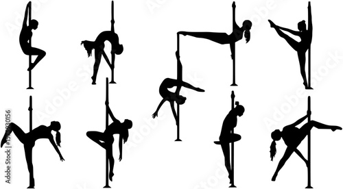 Vector silhouette of girl and pole with neon effect. Pole dance illustration for fitness