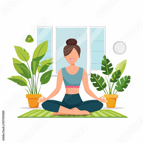 Smiling woman meditating in lotus pose, home yoga, peaceful mood, indoor plants, flat vector illustration.