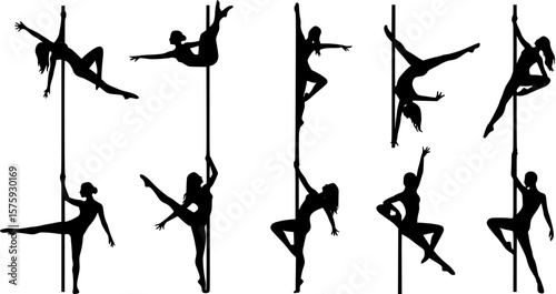 Vector silhouette of girl and pole with neon effect. Pole dance illustration for fitness