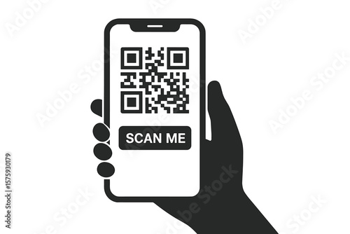 QR Code Scan Mobile Payment Icon. Hand Holding Smartphone with QR Code. Digital Barcode for Contactless Payment, Discounts, Quick Response, E-Ticket, Loyalty Card, E-Receipt, App Access