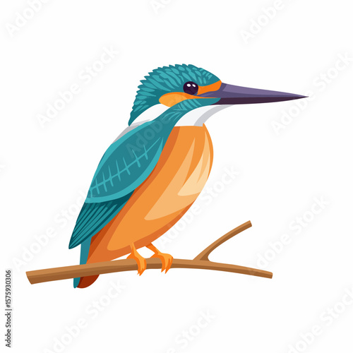 Vibrant Kingfisher Bird Perched on Branch, Illustrated Style, Nature Theme, Calm Mood
