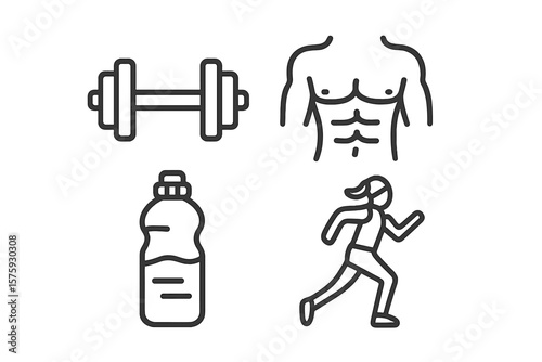 Sport and Fitness Icon Set of 4 Line Style Gym and Workout Symbols for Web and Mobile Apps, Healthy Lifestyle, Exercise, Diet, Nutrition, Weight Training, Active Living