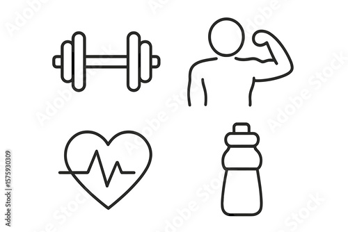 Fitness and Health Line Icons Set. Dumbbell, Flexing Muscle, Heartbeat, Water Bottle. Gym, Exercise, Workout, Healthy Lifestyle, Nutrition, Hydration, Cardio, Strength Training, Wellness