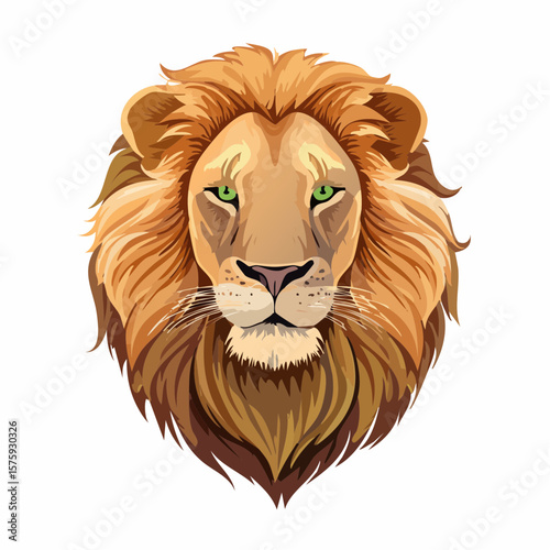 Majestic Lion Head, Illustrated Portrait, Serene and Powerful, Vibrant Colors, Wildlife Art.