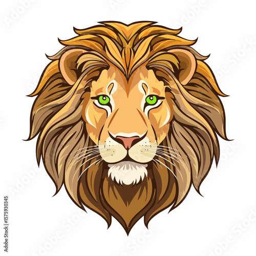 Majestic Lion Head, Vibrant Illustration, Powerful and Regal, Green Eyes, Detailed Mane,  Wildlife Art.