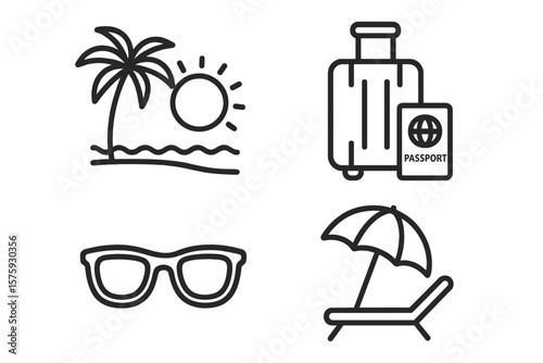 Summer Vacation Line Icons Set. Beach Palm Tree, Sun, Sunglasses, Lounge Chair, Umbrella, Luggage, Passport. Travel, Tourism, Holiday Relaxation, Hotel, Web, Mobile App, Vector Illustration