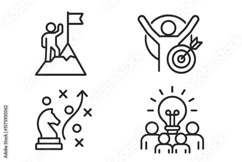 Achievement and Success Icons Set. Linear Style Business Concept Collection. Mountain Climber, Target Winner, Strategy Chess, Teamwork Brainstorm. Leadership, Goal, Planning, Collaboration, Motivation
