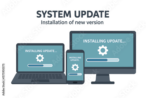 System update installation process on computer, laptop, smartphone. Software upgrade, operating system support, new version, progress bar, technology maintenance concept