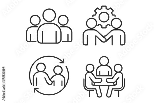 Teamwork and Business Collaboration Icons Set. Line Style. Partnership, Team Meeting, Cooperation, Synergy, Management, Communication, Interaction, Office, Group, Brainstorming, Workflow, Discussion