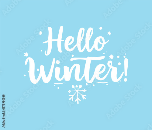 Hello winter text with snowflake and stars decoration isolated on white background.