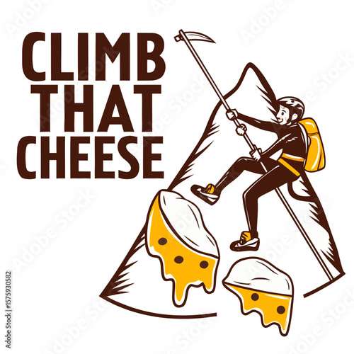 Climber scaling cheese mountain with playful expression