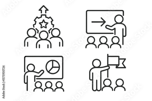 Business Workshop Team Building Leadership Coaching Meeting Line Icons Set. Teamwork, Training, Presentation, Management, Goal Achievement, Group Discussion, Strategy, Motivation, Success