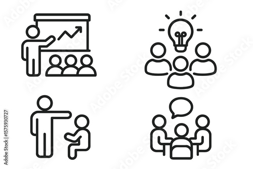 Business Workshop Line Icons Set. Team Building, Teamwork, Coaching, Meeting, Brainstorming, Training, Collaboration, Management, Leadership, Communication, Presentation, Discussion, Idea Generation