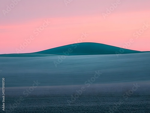 Serene Rolling Hills Landscape at Sunset Teal and Pink Hues