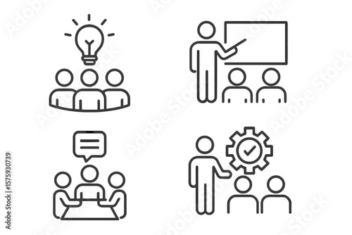 Teamwork and Workshop Line Icons Set. Business Training, Team Building, Coaching, Management, Brainstorming, Collaboration, Meeting, Leadership, Presentation, Communication, Planning Concepts