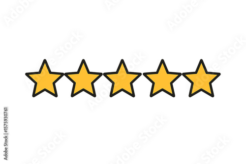 Five star rating icon. Customer product review symbol. Quality feedback concept. Excellent service. Satisfaction survey. 5 gold stars. Mobile app and website UI element.