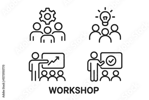 Business Workshop Line Icons Set. Team Building, Teamwork, Coaching, Brainstorming, Training, Presentation, Leadership, Collaboration, Meeting, Management, Success Concept, Web and App Design